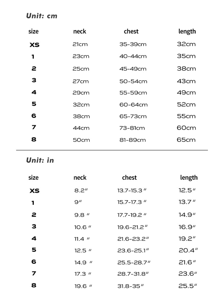 puppies clothes Size Measurement